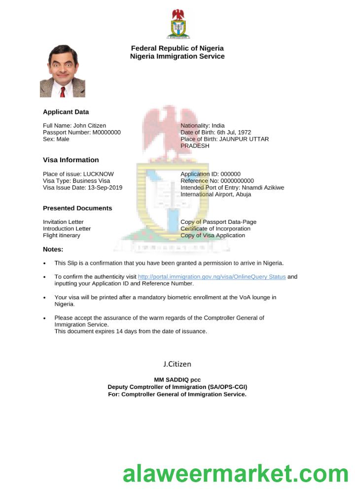 Nigeria e-visa in Word and PDF template